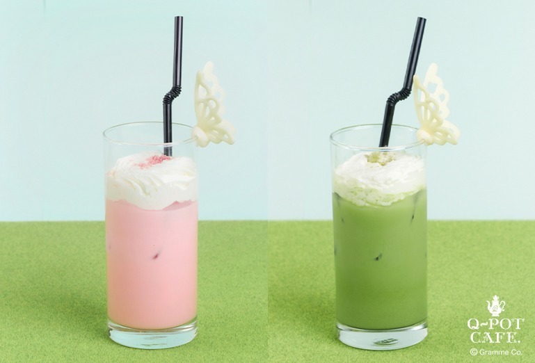 蝶々のピーチミルクティー /  蝶々の抹茶ラテ(Ice) 各850円