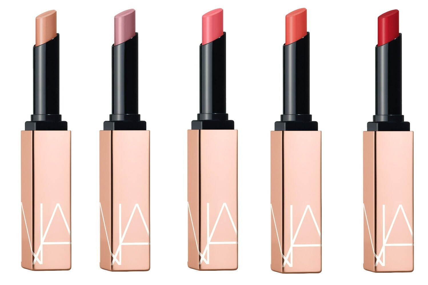 (左から)NARS アフターグロー センシュアルシャイン リップスティック 200、208、209、217、222 各4,400円＜新製品＞