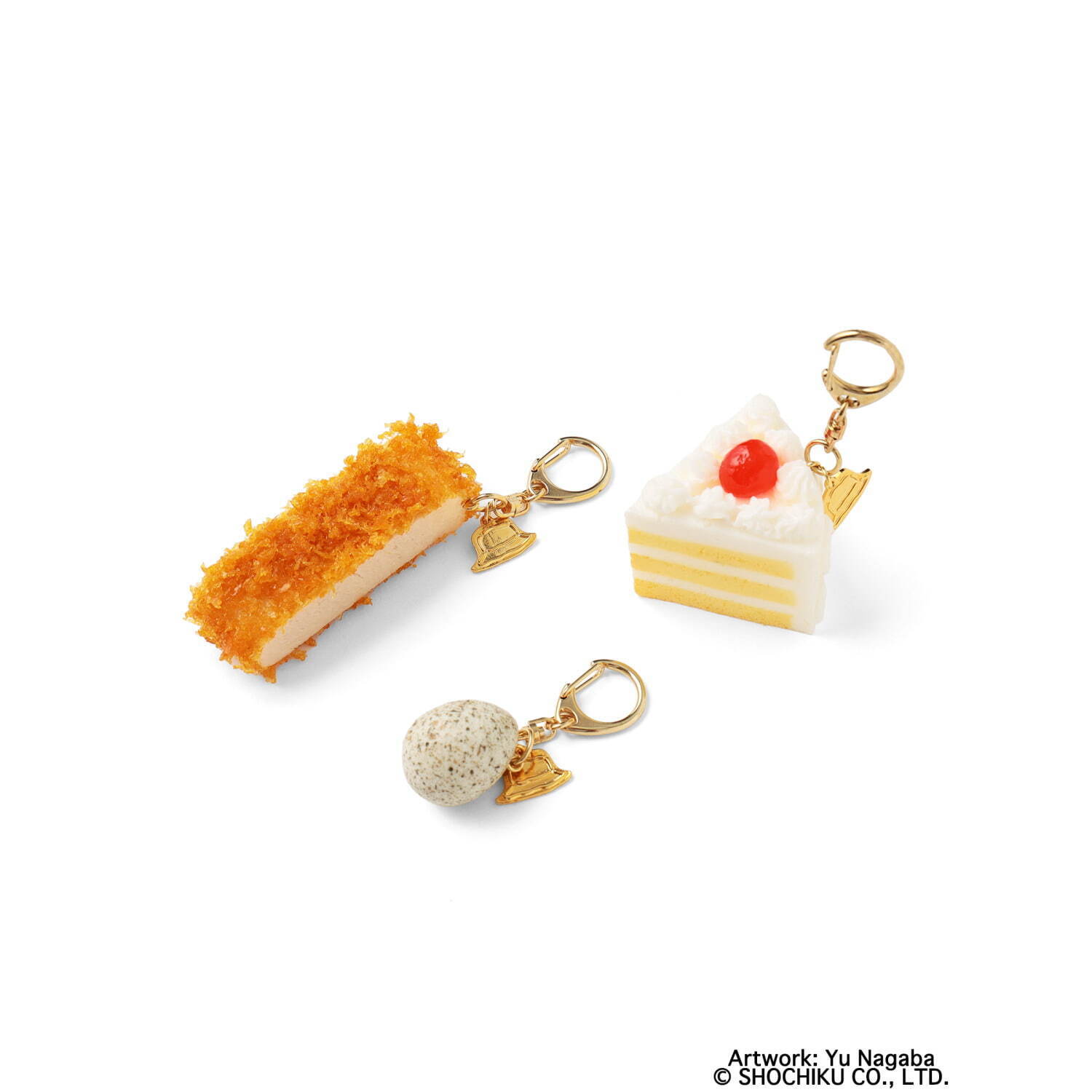 ＜サンプル工房＞キーホルダー(ショートケーキ 2,200円、とんかつ 1,760円、雀の卵 1,430円)