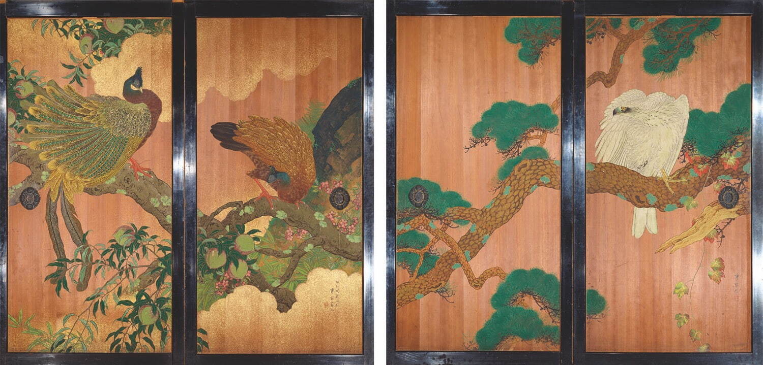 池上秀畝 《松に白鷹・桃に青鸞図》表・裏
昭和3年(1928年) 杉戸絵 オーストラリア大使館蔵