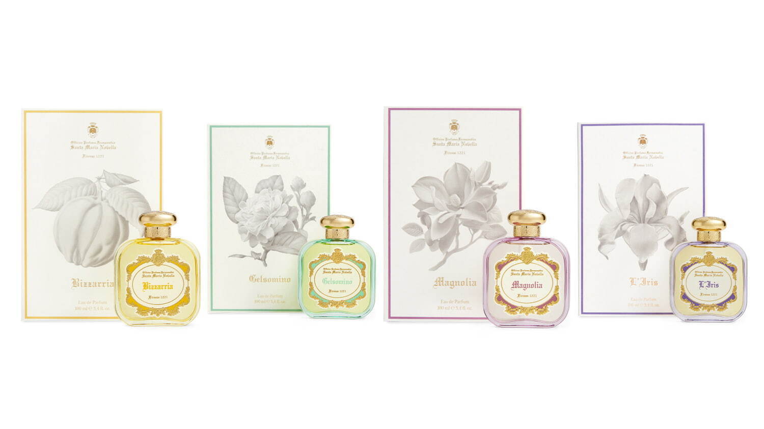 左から)オードパルファムコレクション ビッザリア、ジェルソミーノ、マグノリア、アイリス
50ml 各28,600 円、100mL 各41,800円