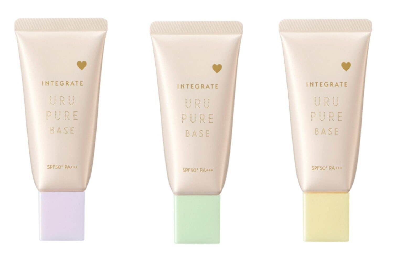 (左から)「インテグレート うるピュアベース」 SPF50+・PA+++ ラベンダー、ミント、レモン 各1,430円(編集部調べ)＜新製品＞