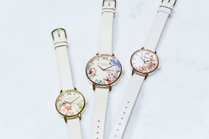 左) Enchanted Garden(Nude & Gold) ダイヤル30mm 13,000円＋税
 中央) Enchanted Garden(Nude & Rose Gold) ダイヤル38mm 14,000円＋税
 右) Enchanted Garden(Blush & Rose Gold) ダイヤル30mm 13,000円＋税