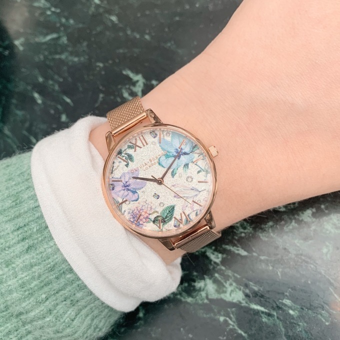 ビジュウェルド フローラルズ デミ シルバーグリッター ダイアル＆ローズゴールド メッシュ 34mm 18,000円＋税