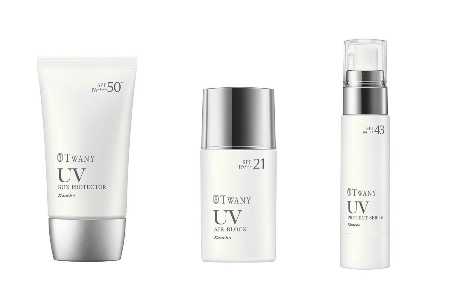 左から) トワニー UVサンプロテクターa 60g SPF50+・PA++++ 3,500円＋税、
トワニー UVエアブロックa 30mL SPF21・PA+++ 5,000円＋税、
トワニー UVプロテクトセラムa 40g SPF43・PA+++ 5,000円＋税