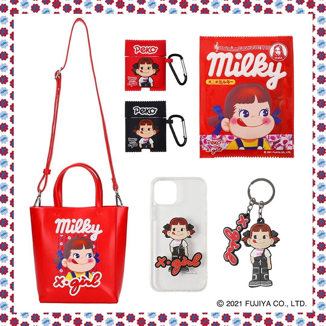 X-girl × PEKO MILKY SHOPPER 2WAY MINI BAG 6,050円(税込)／X-girl × PEKO AirPods CASE 3,850円(税込)／X-girl × PEKO MILKY PACKAGE CLEAR POUCH 3,850円(税込)／X-girl × PEKO RUBBER KEYHOLDER 1,870円(税込)／X-girl × PEKO CLEAR MOBILE CASE for iPhone 11 3,300円(税込)／X-girl × PEKO CLEAR MOBILE CASE for iPhone 12/12pro 3,300円(税込)