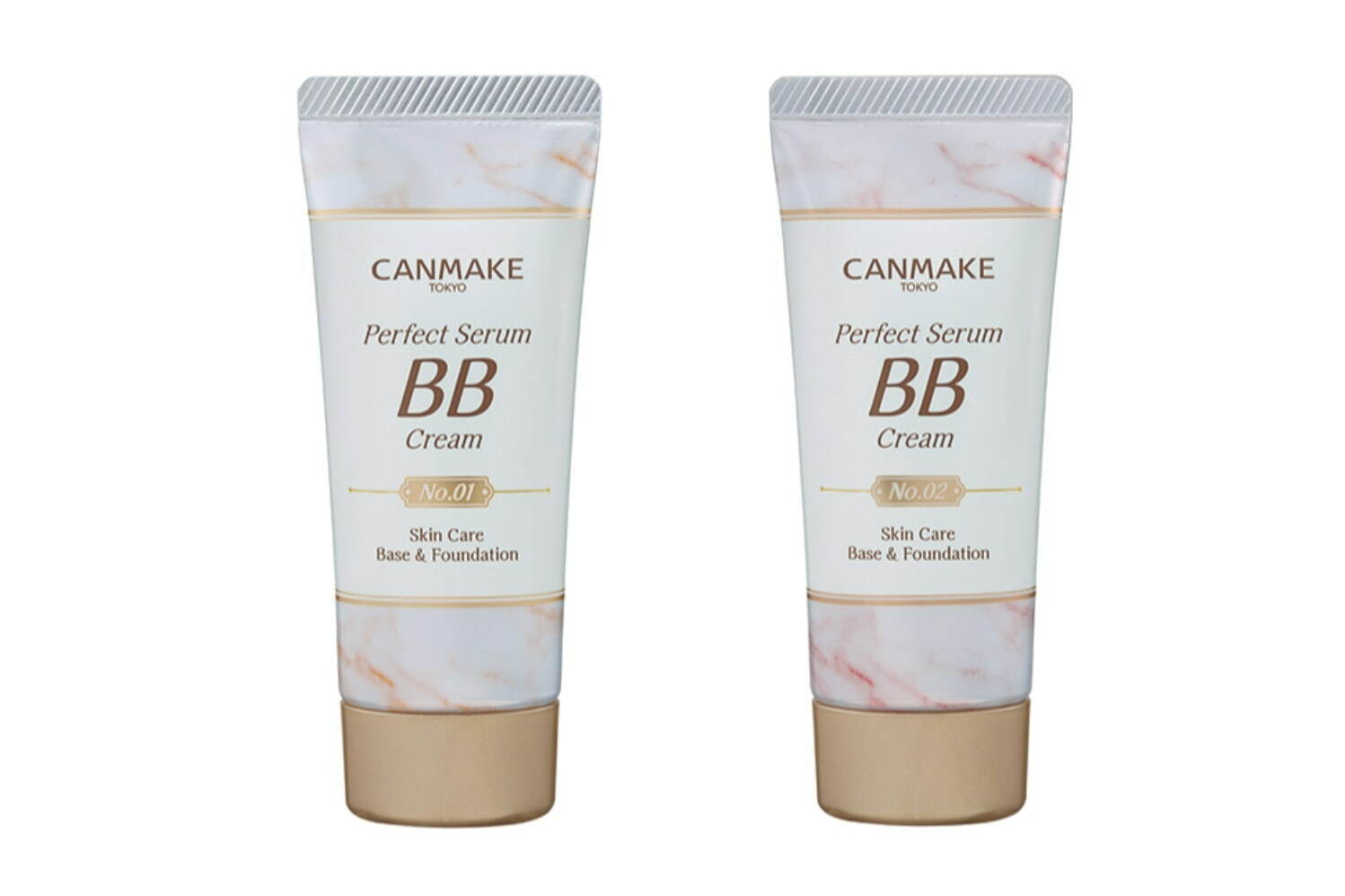 左から) キャンメイク「パーフェクトセラム BB クリーム」01、02 SPF50+ PA+++ 各880円(編集部調べ)