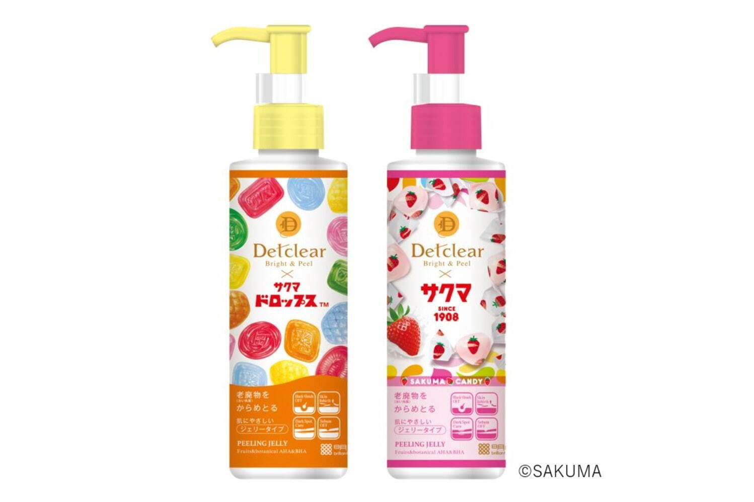 左から)DETクリア ブライト＆ピール ピーリングジェリー＜サクマドロップスの香り＞ 180mL 1,320円
DETクリア ブライト＆ピール ピーリングジェリー＜いちごみるくの香り＞ 180mL 1,320円