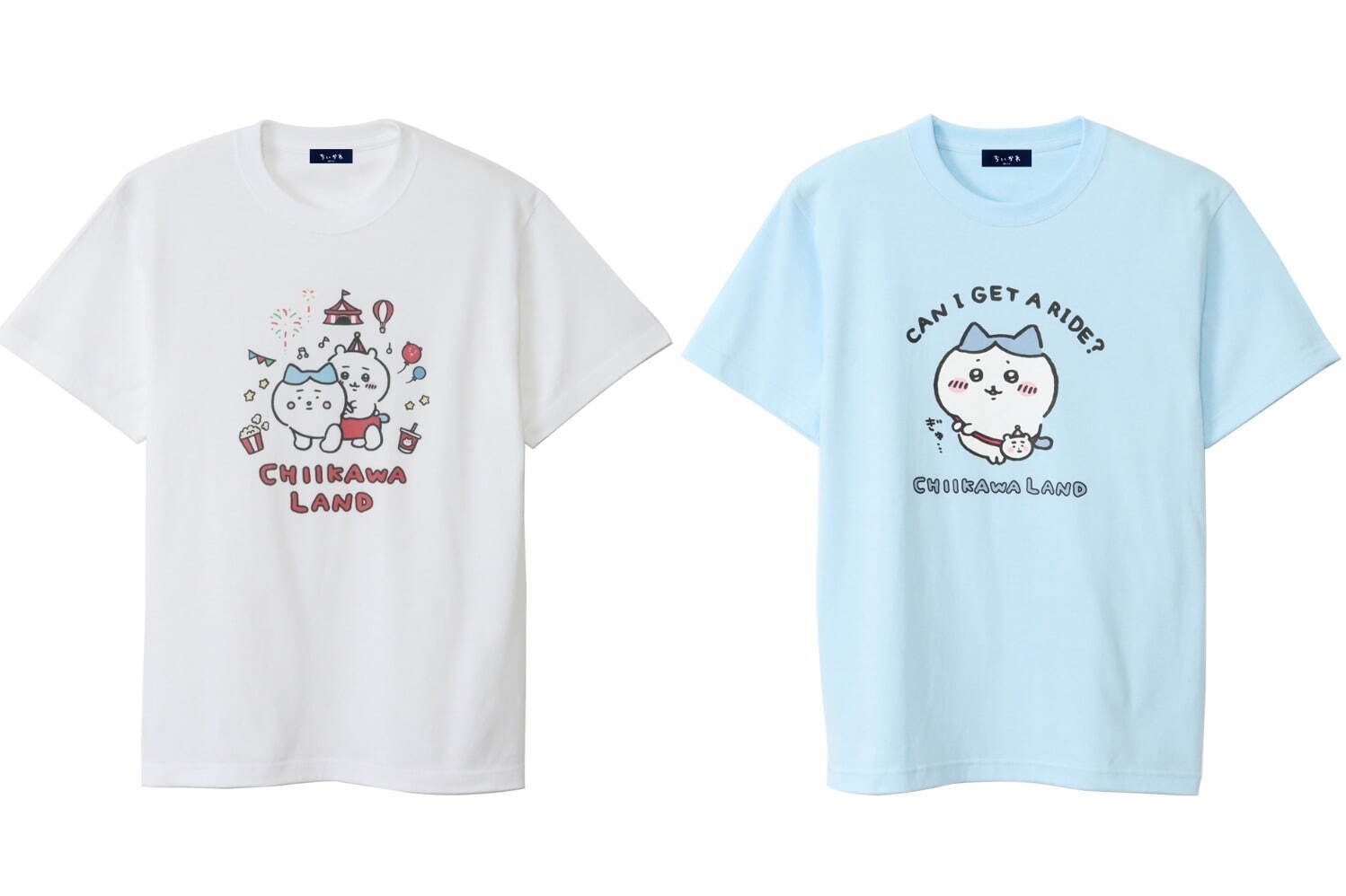 左から)Tシャツ(M/L/XL) ちいかわらんど2022 ホワイト、ハチワレ 乗れる？ ライトブルー 各3,080円